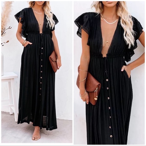 New Bohemian Long Black Gauze Button Front Flutter Maxi Summer Dress - Picture 1 of 11